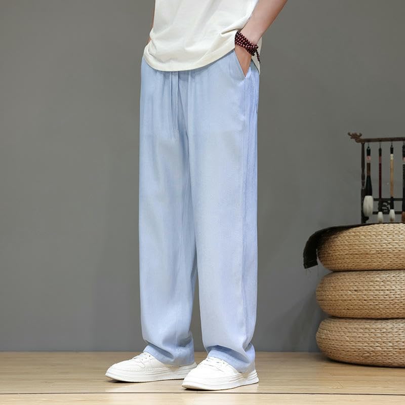 Men's Summer Traditional Trendy Ice Silk Chinese Style Straight Floor-Length Casual Long Pants3
