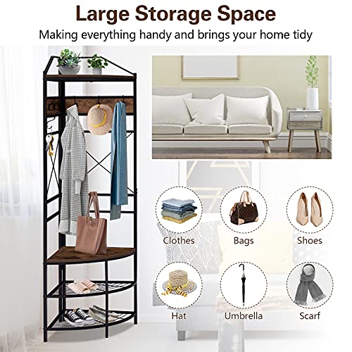Kinfant Home Corner Hall Tree - Industrial Coat Rack With 8 Double Hooks Entryway Coat Stand With Bench And Shoe Storage #TOP1