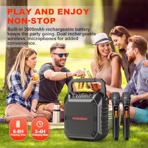 Image of Karaoke Machine with 2 Wireless Microphones, Portable Bluetooth Speaker for Adults & Kids, Bass & Treble Adjustment, PA System Supports TF Card /USB /FM /AUX for Home Party, Indoor and Outdoor