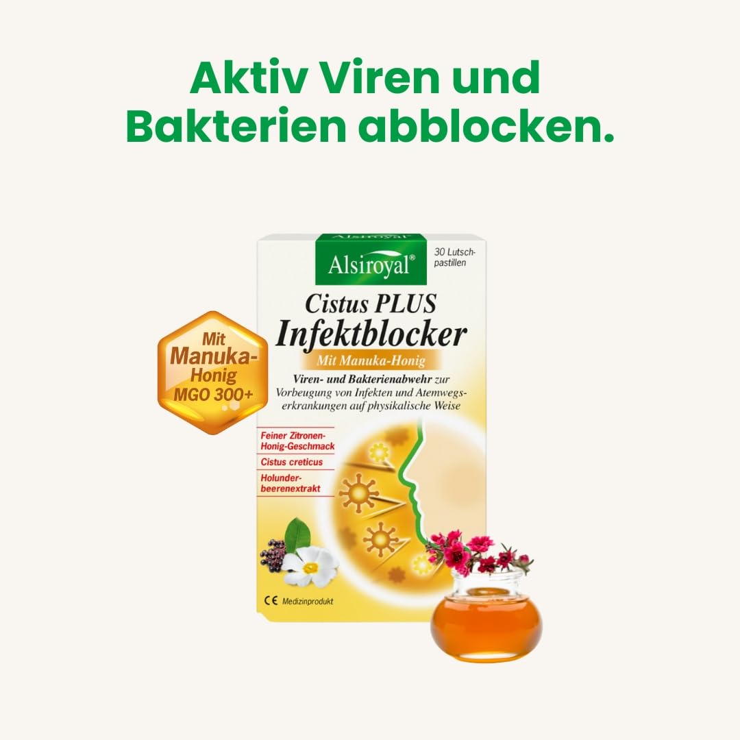 Alsiroyal Cistus Plus Infektblocker mit Manuka Honig - 90 Stück - Lutschpastillen mit Cistus Creticus und Holunderextrakt fruchtig frischer Geschmack für Kinder ab 6 Jahren und Erwachsene