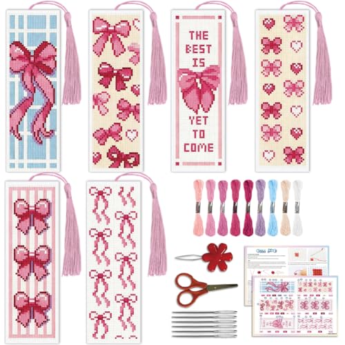 Image of ACRNIGHEET 6PCS Cross Stitch Bookmark Kit for Beginner Cute Pink Bow Stamped Cross Stitch Kits Needlepoint Kit for Adults DIY Tassel Embroidery Bookmark Kits with Instructions Craft Gift 8.5 inchx3 inch 11CT