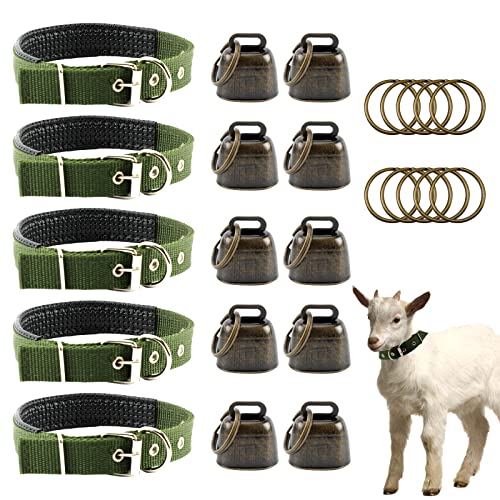 Goat Collars With Bells, 5 Pcs Adjustable Nylon Sheep Collar With 10 Pcs Anti-Lost Loud Brass Bell And Key Ring Baby Goat Supplies Accessories For Farm Animal Goat Sheep Cow Horse Dog #TOP5