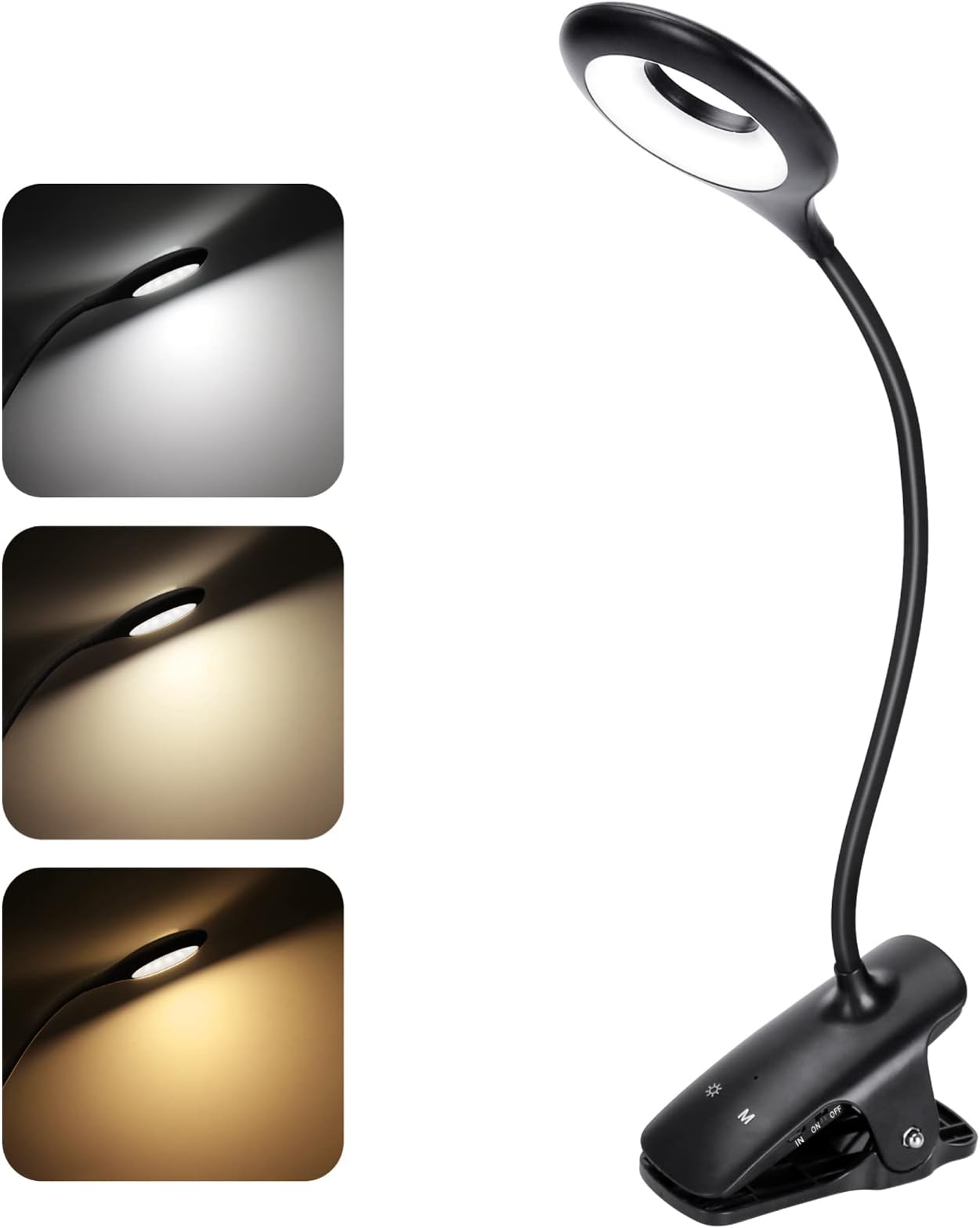 Clip on Book Light in Bed, Rechargeable 28 LED Small Desk Lamp 3 Brightness*3 Color Reading Light Clamp Lamp,Touch Control Dimmable Reading Lamp with Flexible Neck Night Light for Kids(Black), PH500