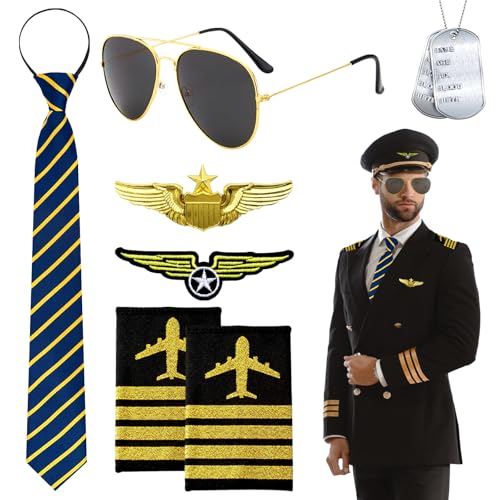 7 acessórios de fantasia de piloto, acessórios de fantasia de capitão aviador, acessórios com óculos de piloto, gravata, dragonas, fecho, colar para homens e mulheres, carnaval, adultos, cosplay