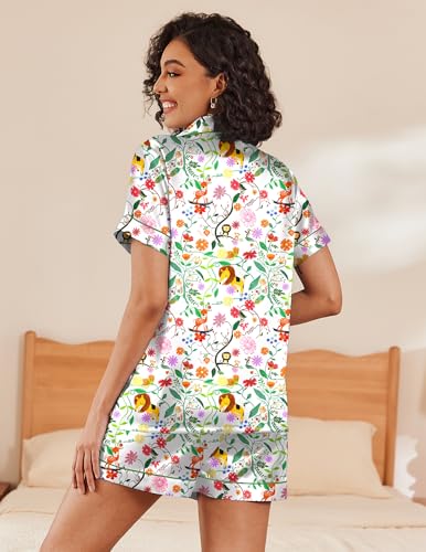 Image of Ekouaer Silk Pajamas for Women Short Sleeve Sleepwear Soft Button Down Loungewear 2 Piece Satin Pjs Shorts Set,White-Animal,M