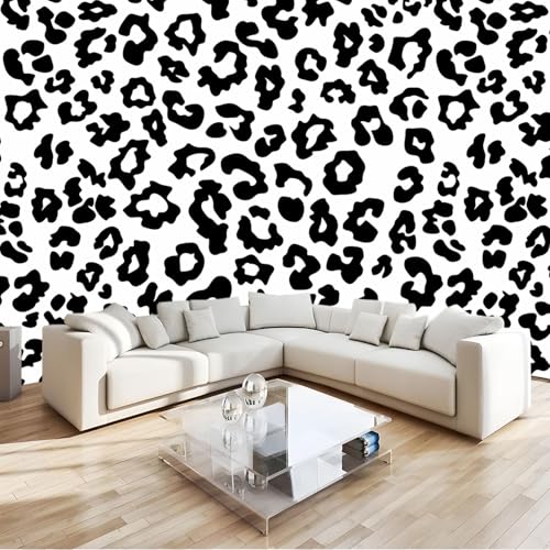 Murales de leopardo blanco y negro con estampado animal para TV y sofá, decoración de pared, papel pintado 3D en blanco y negro para dormitorio, sala de estar, oficina, 350 x 256 cm (no se pela y