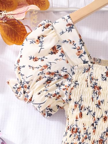 Seechoslo 2025 Tween Girls’ Cute Short Sleeve Square Neck Smocked Elastic Short Sleeve Woven Shirt Top4