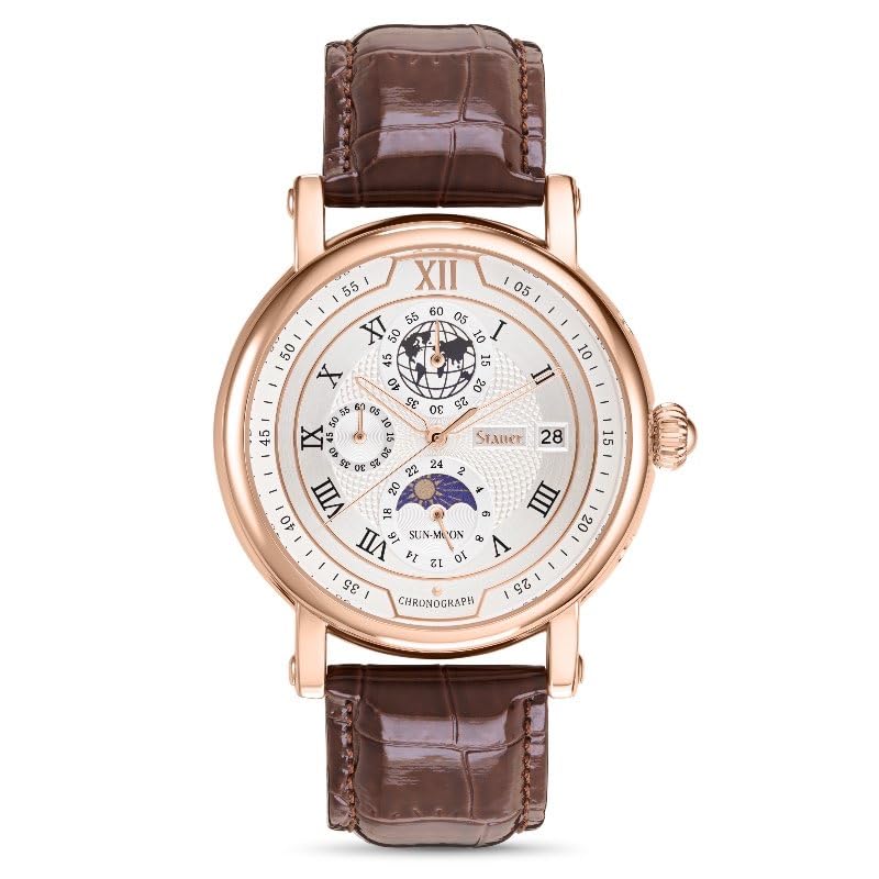 Stauer Guilloche Precision Chronograph Watch, Stainless Steel, Genuine Leather Band, Quartz Movement, Chronograph with Sun Moon Phase, Brown