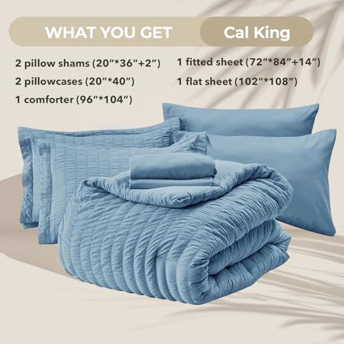 Image of HYMOKEGE Mineral Blue California King Comforter Set Seersucker 7 Pieces, All Season Luxury Bed in a Bag for Bedroom, Bedding Set with Comforter, Sheets, Pillowcases & Shams