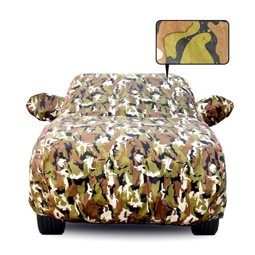 Image of Waterproof Car Body Cover for Range Rover Evoque with Mirror Pocket, Soft Cotton Lining, Triple Stitched, Full Bottom Elastic (Heat Resistant Jungle Print with Red Piping)