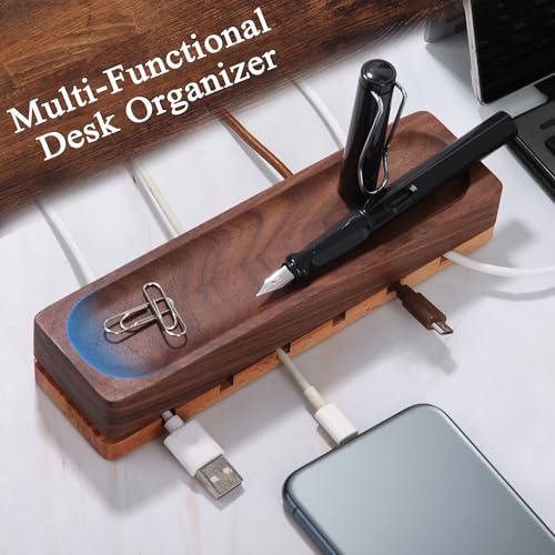 Magnetic Cord Holder with 6 Slots - Walnut & Beech Wood Cable Organizer for Lightning, USB, USB-C, Stick-on Design for Desk, Under Desk, Nightstand - Image 4