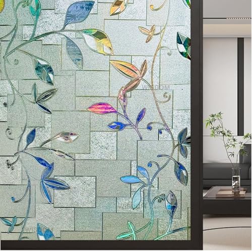 Image of WISDOM Premium Frosted Glass Window Film Self Adhesive Decorative Glass Window Privacy Sheet Film UV Control Removable Vinyl Privacy Film (Rainbow Leaves, 12x48 Inch)