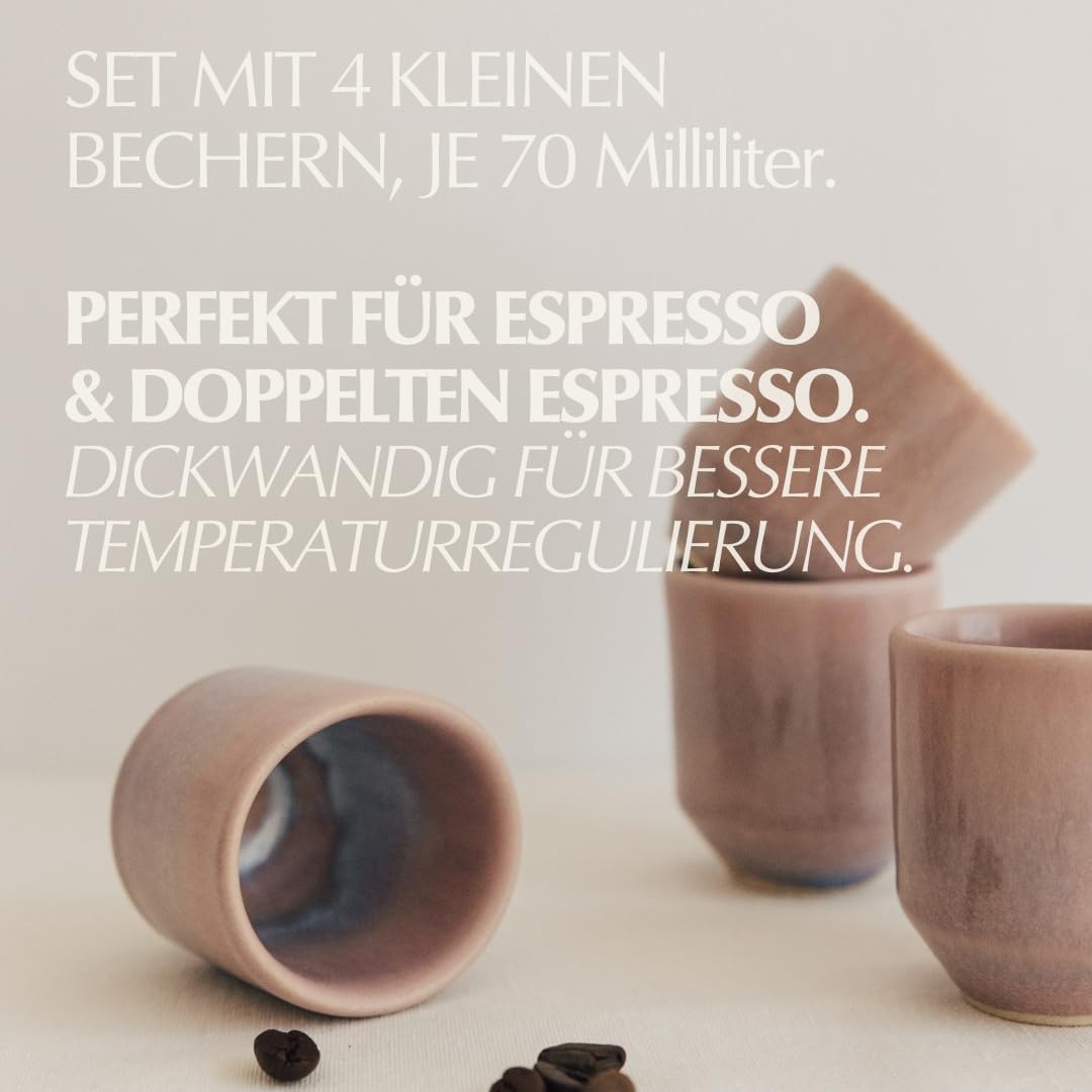 Keramik Espresso Tassen 4er Set I Handgefertigtes Steingut I Hochwertige Espressobecher ohne Henkel I Tassen Set I Moderne Espressotassen I Spülmaschinenfest I Kleine Becher 70ml I Subconscious