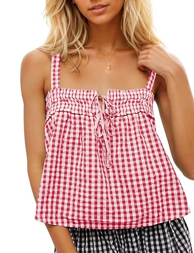 Women Plaid Cropped Camisole Tops Ruched Tie Front Square Neck Backless Loose Cute Crop Cami Tank Adjustable Top