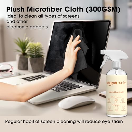 Image of Amazon Basics 5-in-1 Professional Cleaning Kit for AirPods, Keyboard, Lens, Binocular, Laptop, TV, Monitor, Smartphone, Tablet | Includes Microfibre Cloth & 500 ml Cleaning Liquid