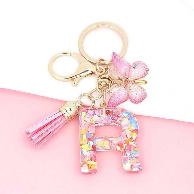 Image of GEOCARTER Lightweight Fashion Initial Letter Key Ring with Butterfly Pendant & Tassel, Stylish Purse Charm for Handbags, Car Keys, Gifts for Girls & Women