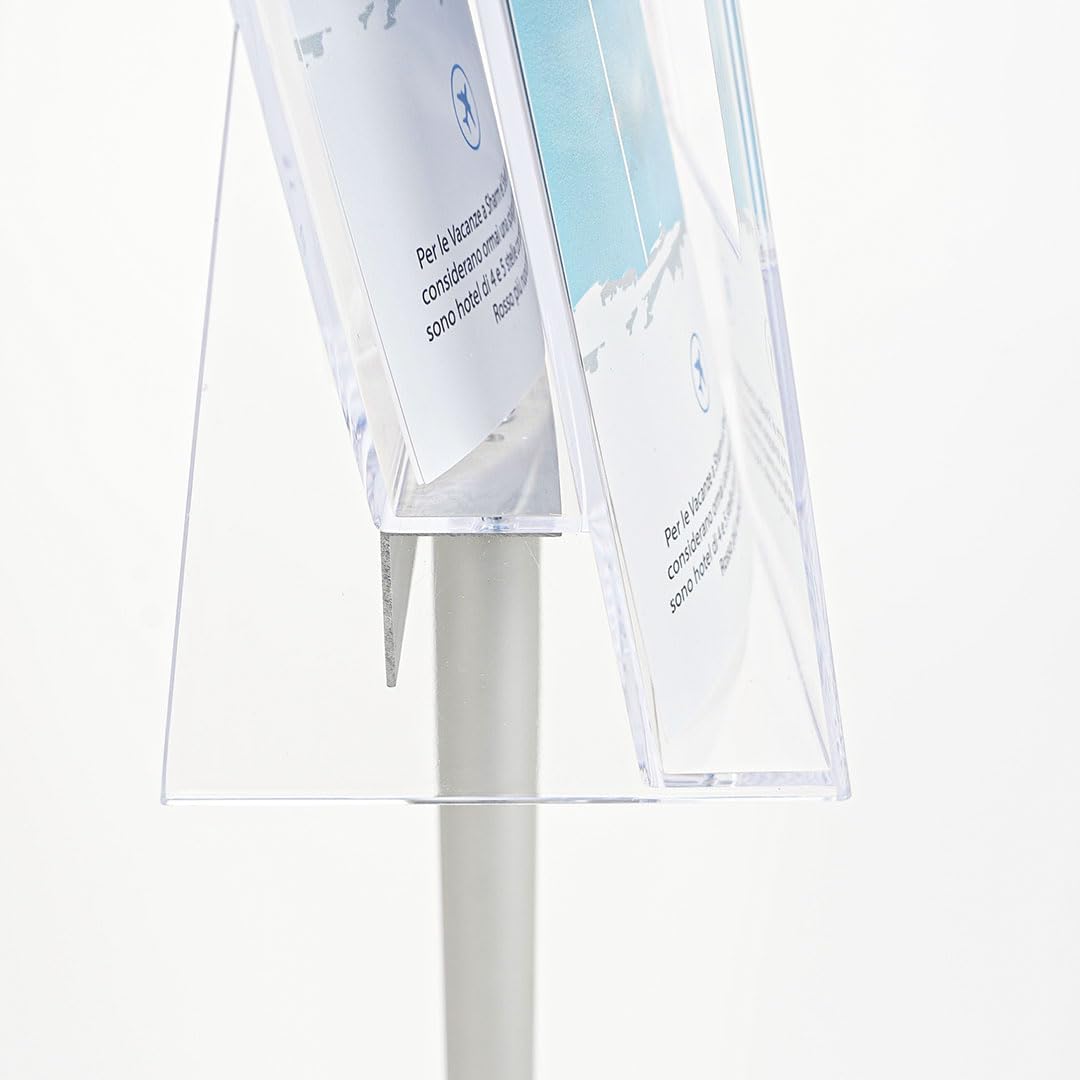 Danieli - Porta Depliant da Terra in Acrilico Trasparente A4 con 2 tasche, per Riviste e Brochure. Porta Volantini Resistente da Utilizzare come Espositore per Ufficio e Negozi. (Alluminio Silver)