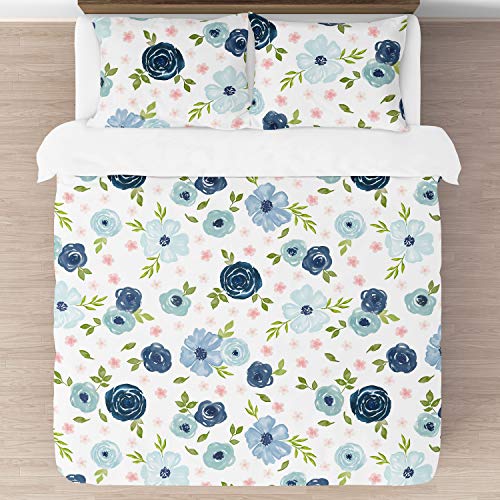 Image of Sweet Jojo Designs Navy Blue and Pink Watercolor Floral Girl Full /Queen Size Kid Childrens Bedding Comforter Set - 3 Pieces - Blush, Green and White Shabby Chic Rose Flower