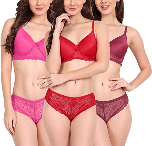 Image of FIMS - Fashion is my style Women Cotton Floral Lace Padded, Non-Wired, Full Coverage, Seamless Bra Panty Set, Multicolor, Lingerie Set
