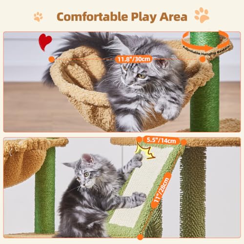 Image of Taoqimiao Cactus, Cat Tree, 38.5In Cat Tower for Indoor Cats, for Kittens | Thick Padded Top Perch, Luxurious Cat Condo, Adjustable Basket, 1-Piece Ramp Scratcher, 3 Natural Sisal Posts, MS029ST