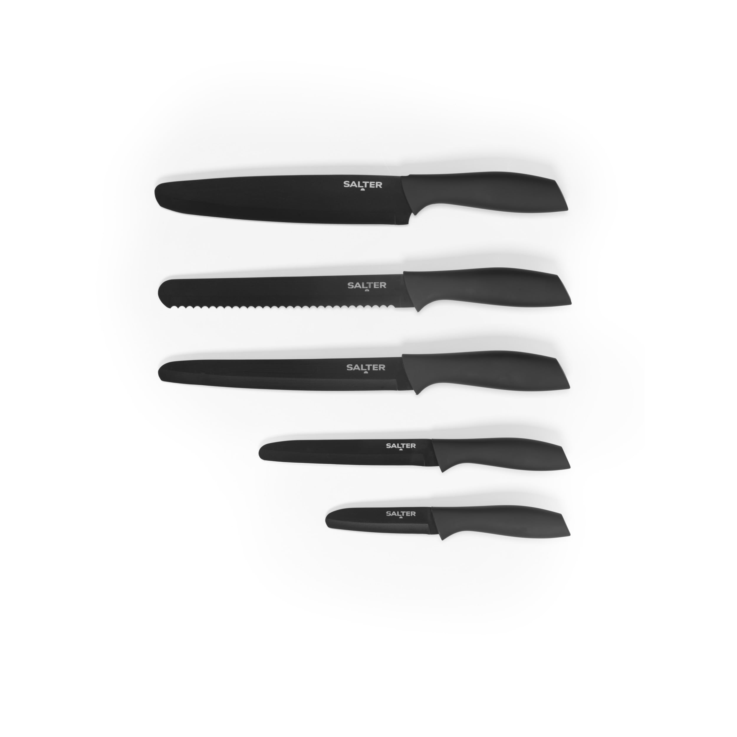Salter ProtecTip 5 Piece Knife Set – Rounded Blade Edges for Enhanced Safety, Includes Chef's, Bread, Carving, Utility & Paring Knives, Ergonomic Soft-Touch Handles, Non-Stick Coating, Black