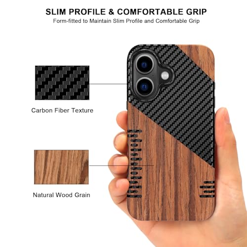 TENDLIN Compatible with iPhone 16 Plus Phone Case Wood Grain with Carbon Fiber Texture Design Leather Hybrid Slim Case (Twill) by TENDLIN - Image 3