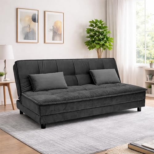Image of Wooden 3 Seater Sofa Cum Bed | Soft Velvet Upholstery | Multi-Functional Convertible Couch for Living Room, Guest Room & Small Spaces - Black