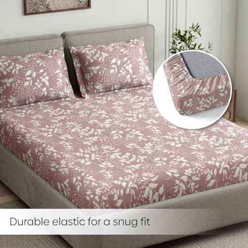 Image of Haus & kinder Double Bedsheet for Queen Size Bed | 90 x 100 Inches 144 TC Cotton Bedsheet for Double Bed with 2 Pillow Covers - Wine Foliage