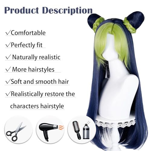 Image of LABEAUTE Jolyne Cujoh Cosplay Wig Blue and Green Long Straight Wigs with Bangs Anime Heat Resistant Hair for Party Halloween Costumes