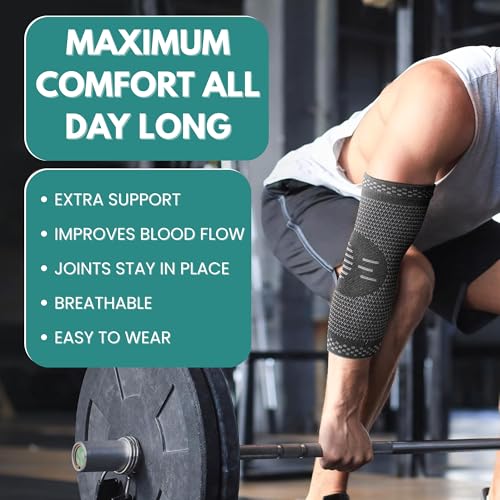 Image of WELLESA Elbow Support Sleeve for Men & Women | Compression Brace for Pain Relief, Stability & Injury Recovery | Ideal for Sports, Gym, Running & Workouts | Pack of 2 (Black & Grey) (S)