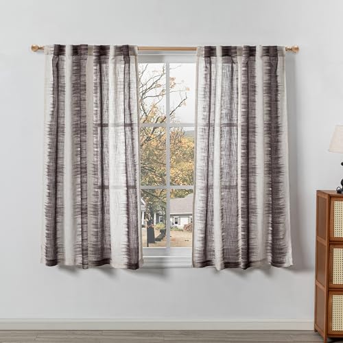 Image of MYSKY HOME Bedroom Curtains Linen Textured Semi Sheer Curtains 63 Inch Length, Lines Printed Curtains & Drapes, Soft Light Filtering Privacy Protect, 50 inch x 63 inch, Lines /Brown, 2 Panels