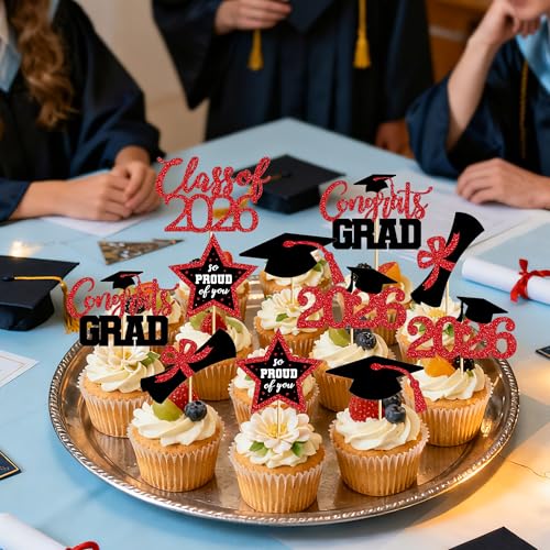 Image of 48 PCS Graduation Cupcake Toppers, Glittery 6 Styles Congrats Grad Cake Topper, Black and Red Graduation Decorations 2026, Cap and Diploma Cake Picks for Grad Party Supplies