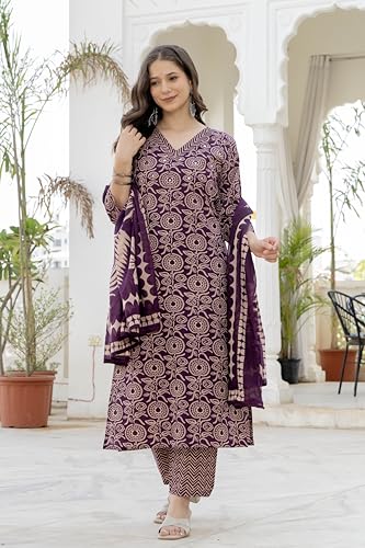 Image of Rangnavi Women's Pure Cotton Printed Straight Kurta with Pants and Dupatta Set | Ethnic Set | Suit Set | Kurta Set