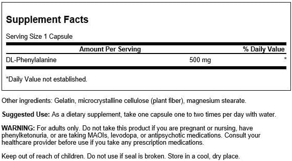 Miniatura 2 de Swanson Aminoácido Dl-fenilalanina 500 miligramos 100 cápsulas