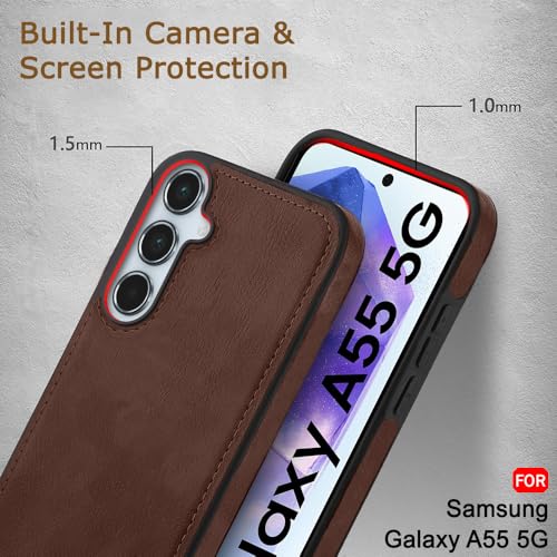 Image of TheGiftKart Genuine Leather Finish Back Cover Case for Samsung Galaxy A55 5G | Shockproof Design | Raised Edges for Camera & Screen Protection | Stunning Minimalist Case Cover for Samsung A55 (Brown)