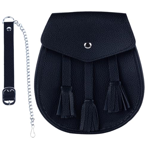 QCYFJZFU Scottish Leather Kilt Sporran With 3 Tassels and Chain Belt Black Leather Sporran Day Wear Traditional Scottish Highland Wear
