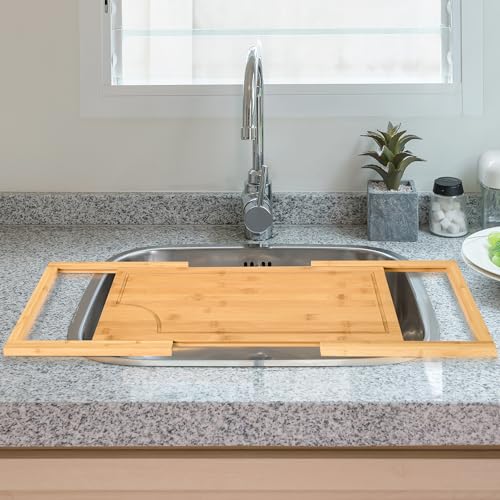 WILLOWDALE Tabla de cortar sobre el fregadero para cocina, tabla de cortar de bambú para fregadero, cubierta de fregadero de cocina para espacio de encimera, bandeja de servir tabla de charcutería,