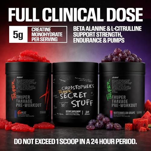Image of RAW Thuper Thavage Pre Workout Powder - High-Stim Preworkout with Creatine, Beta Alanine, L-Citrulline & Caffeine - Chris Bumstead Gym & Fitness Supplement for Men & Women - 6 Peat (Red Gummy)