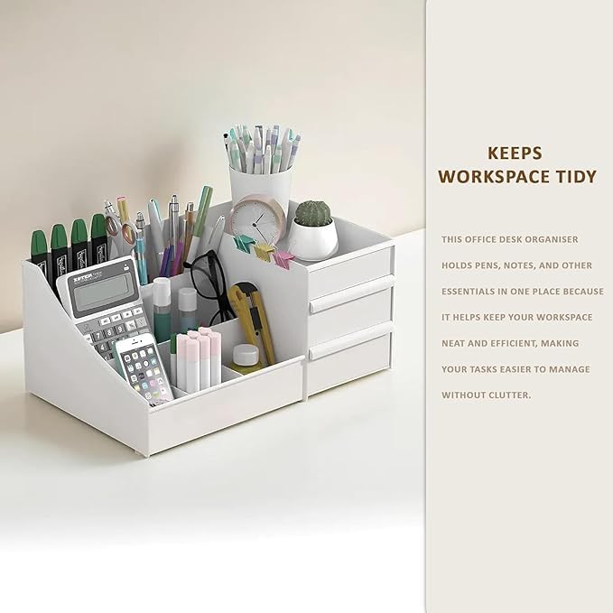 Image of ROKTRY Multi-Functional Desk Organizer with Drawers|Large Capacity All-in-One Stationary Storage Box for Office, School & Home|Aesthetic Pen Stand, Notebook Holder&Accessories for Study Table (White)