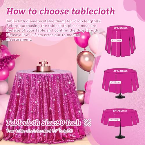 Image of B-COOL Round Sequin Tablecloth Fuchsia Party Decorations: 90 Inch Table Cloth Hot Pink Sequin Fabric Overlay for Indoor Outdoor Dining Parties Home