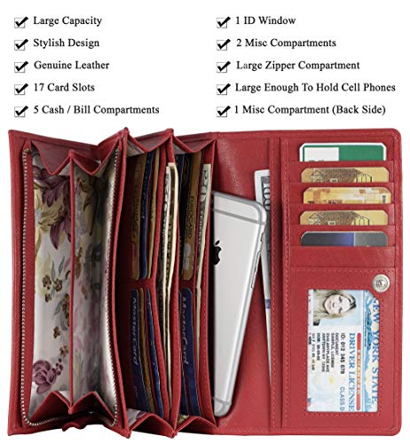 Image of Women's Top Grain Leather Wallet, RFID Blocking Bifold clutch, 17 Card Slots, Zip Pocket Organizer, Elegant Gift for Women - Birthday, Valentine, Anniversary - RED
