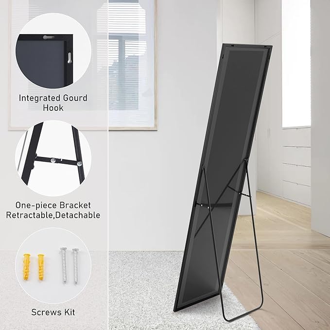DUMOS Full Length Mirror with Stand Floor Standing Aluminum Frame for Bedroom Body Hanging Leaning Modern Simple Home Decor Shatter-Proorf Nano Glass Wall Living Room Cloakroom Black 59"x16"