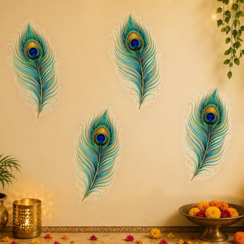 Image of SpecialYou Peacock Feather Wall Stickers Set for Home, Living Room, Home Decor, Mandir Decorations Items for Pooja, Mor Pankh Krishna Sticker-8pcs