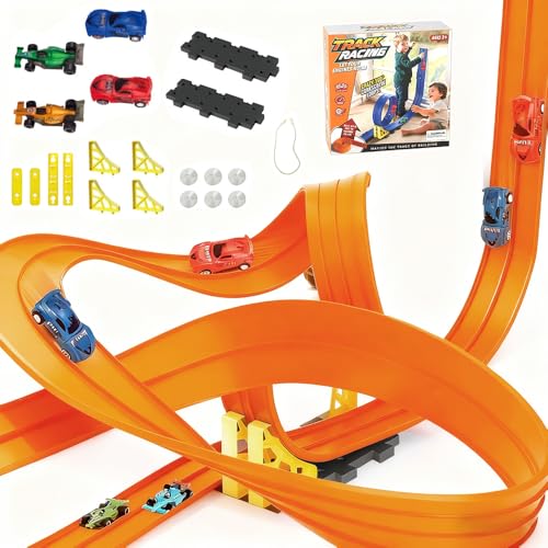 Weciau Car Track Set 5M/16FT, Race Track with 4 Alloy Cars & Base Bracket, Rolls up Portable, DIY Speed Tracks Game, Christmas Birthday Gifts for 3 4 5 6 7 8 Year Boys Girls, Orange