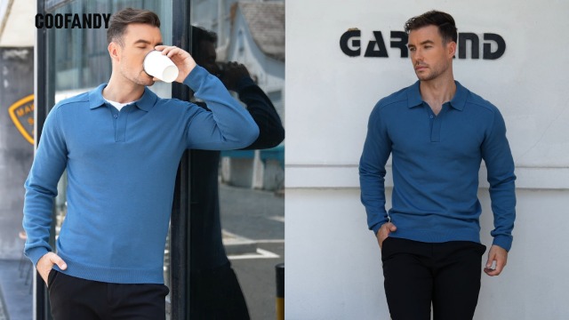 COOFANDY Mens Knit Polo Sweater Long Sleeve Polo Slim Fit