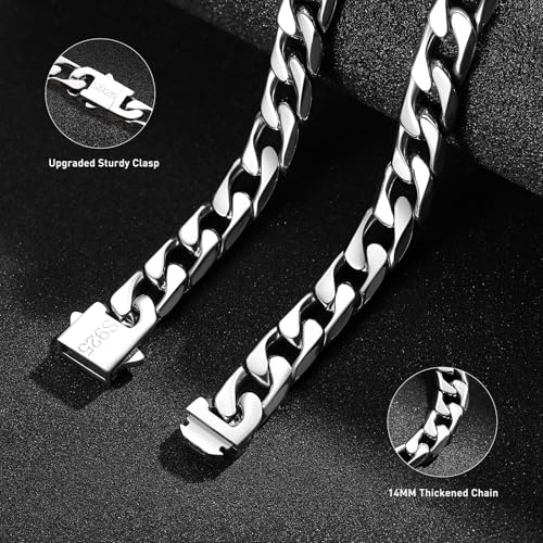 14MM Cuban Link Chain for Men, 316L Stainless Steel and 925 Sterling Silver Filled, Silver Chain for Men, Available In 22/24/26/28/30 Inches, Silver Mens Chain Necklace3