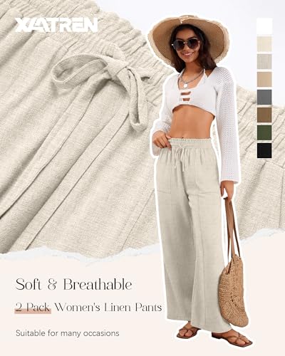 2 Pack Women's Linen Pants Summer Wide Leg Drawstring Elastic Waist Pant Casual Loose Fit Beach Trousers with Pockets(Flaxen, Gray,Small)3