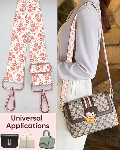 Image of Purse Strap Replacement Crossbody, 1.5 inch Rose-Golden Buckle Wide Shoulder Strap Adjustable, Cute Handbag Shoulder Bag Strap Replacement Belt Cute Pink Flowers