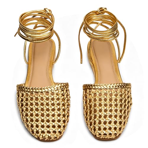 Image of Woven Ballet Flats for Women Lace Up Closed Square Toe Summer Sandals Dressy Shoes