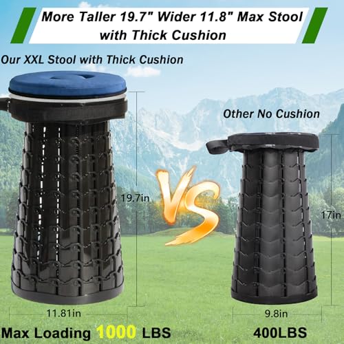 Image of 2026 Upgraded XXL Collapsible Stool with Thick Cushion,19.7 inchH-11.8 inchD Telescoping Folding Stool for Adults, More Sturdy Camping Stools with Load Capacity 1000lbs for Outdoor,Garden,Fishing,Hiking